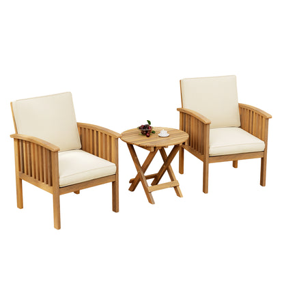 Patio Set Outdoor Acacia Wood Furniture Sets-Modern Club Chair Conversation Sets with Foldable End Table for Garden, Patio & Deck (Brown Patina+Cream Cushion)