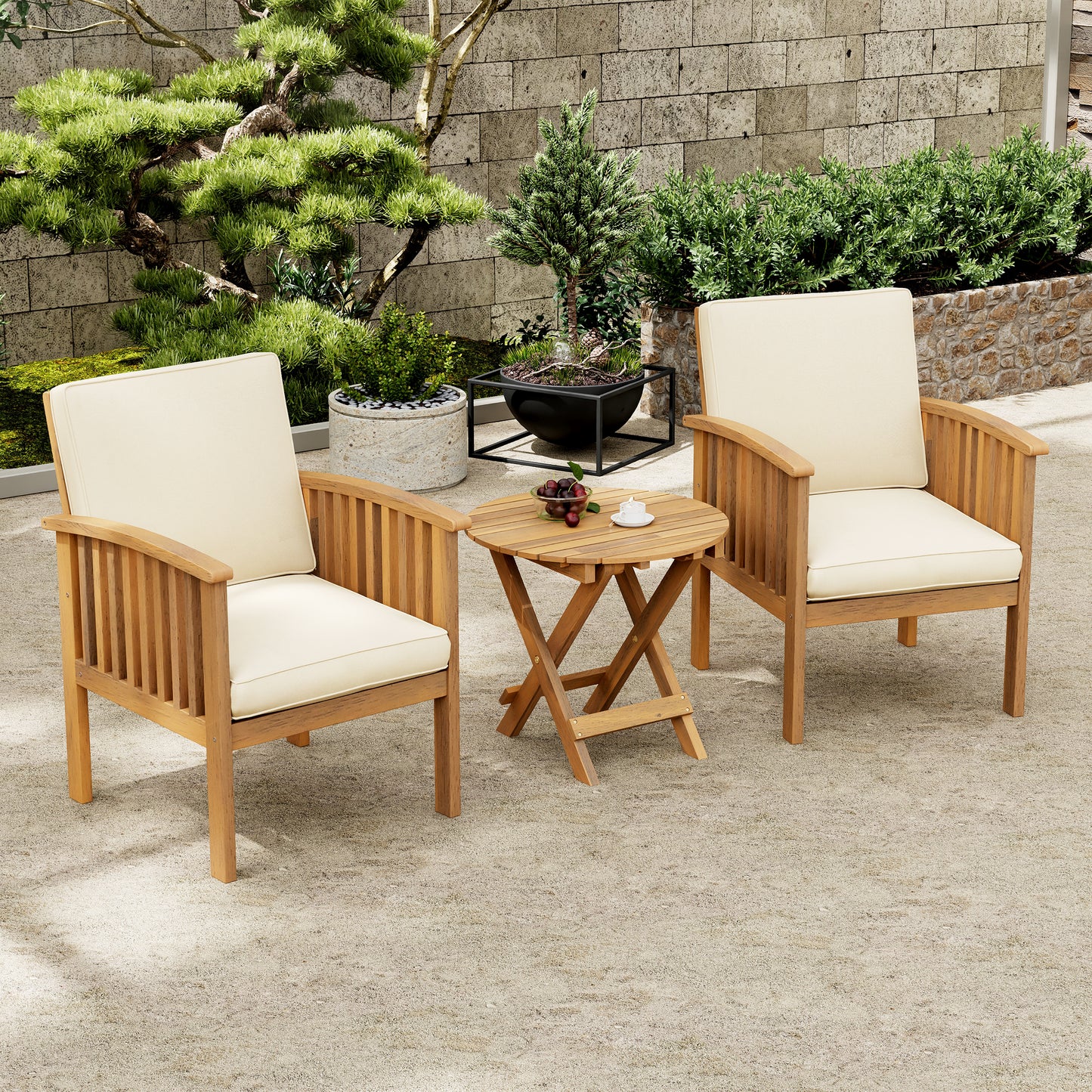 Patio Set Outdoor Acacia Wood Furniture Sets-Modern Club Chair Conversation Sets with Foldable End Table for Garden, Patio & Deck (Brown Patina+Cream Cushion)