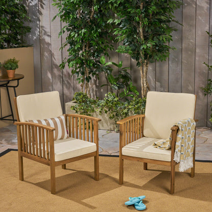 Patio Set Outdoor Acacia Wood Furniture Sets-Modern Club Chair Conversation Sets with Foldable End Table for Garden, Patio & Deck (Brown Patina+Cream Cushion)