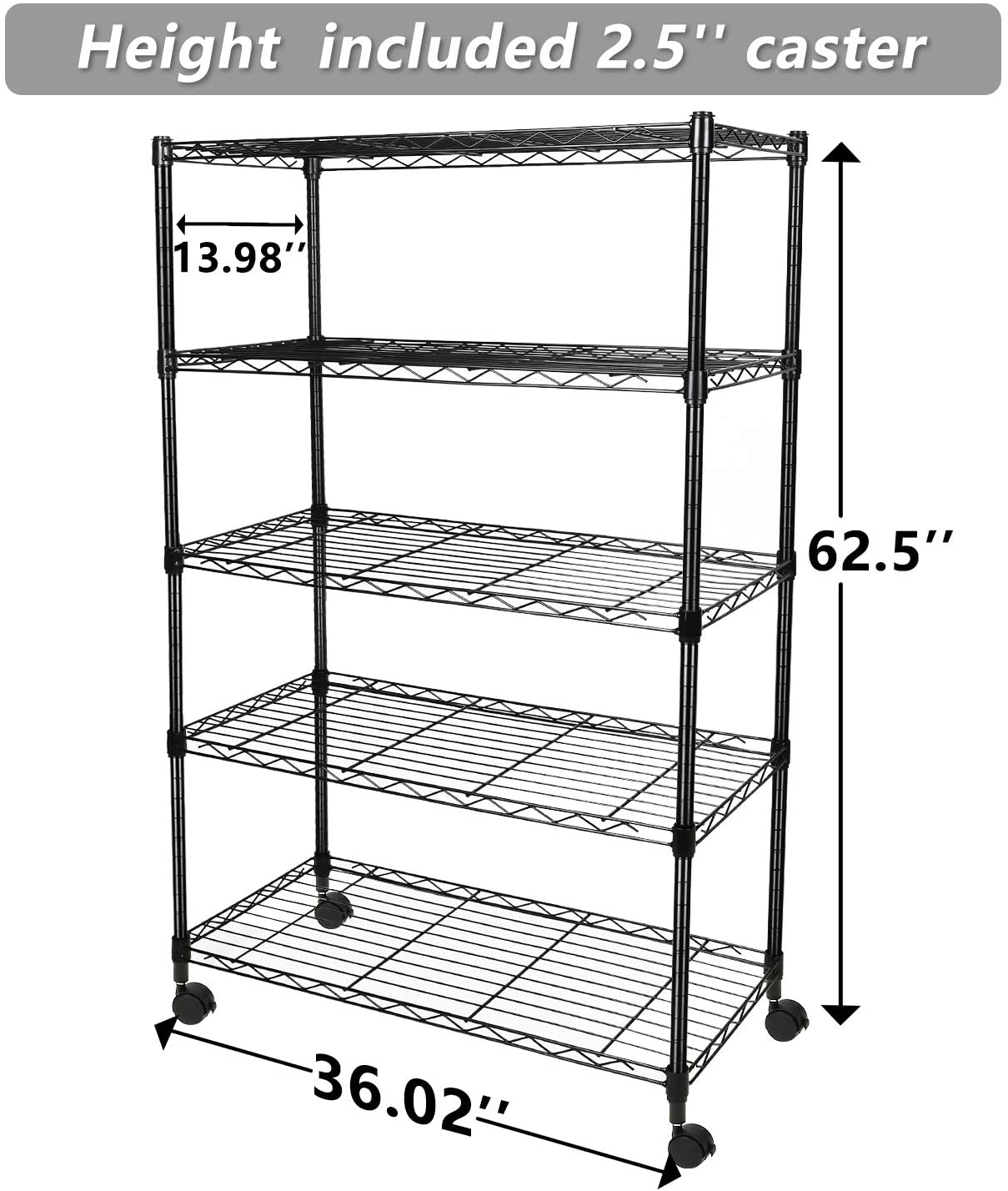 Simple Deluxe Heavy Duty 5-Shelf Shelving Unit with Wheel and Adjustable Feet, 36'' X 14'' X 60'', 5 Tier
