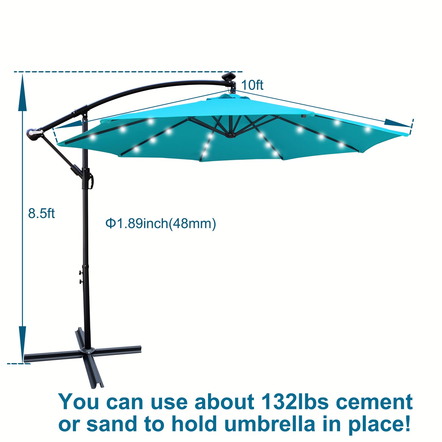 10 ft Outdoor Patio Umbrella Solar Powered LED Lighted Sun Shade Market Waterproof 8 Ribs Umbrella with Crank and Cross Base for Garden Deck Backyard Pool Shade Outside Deck Swimming Pool