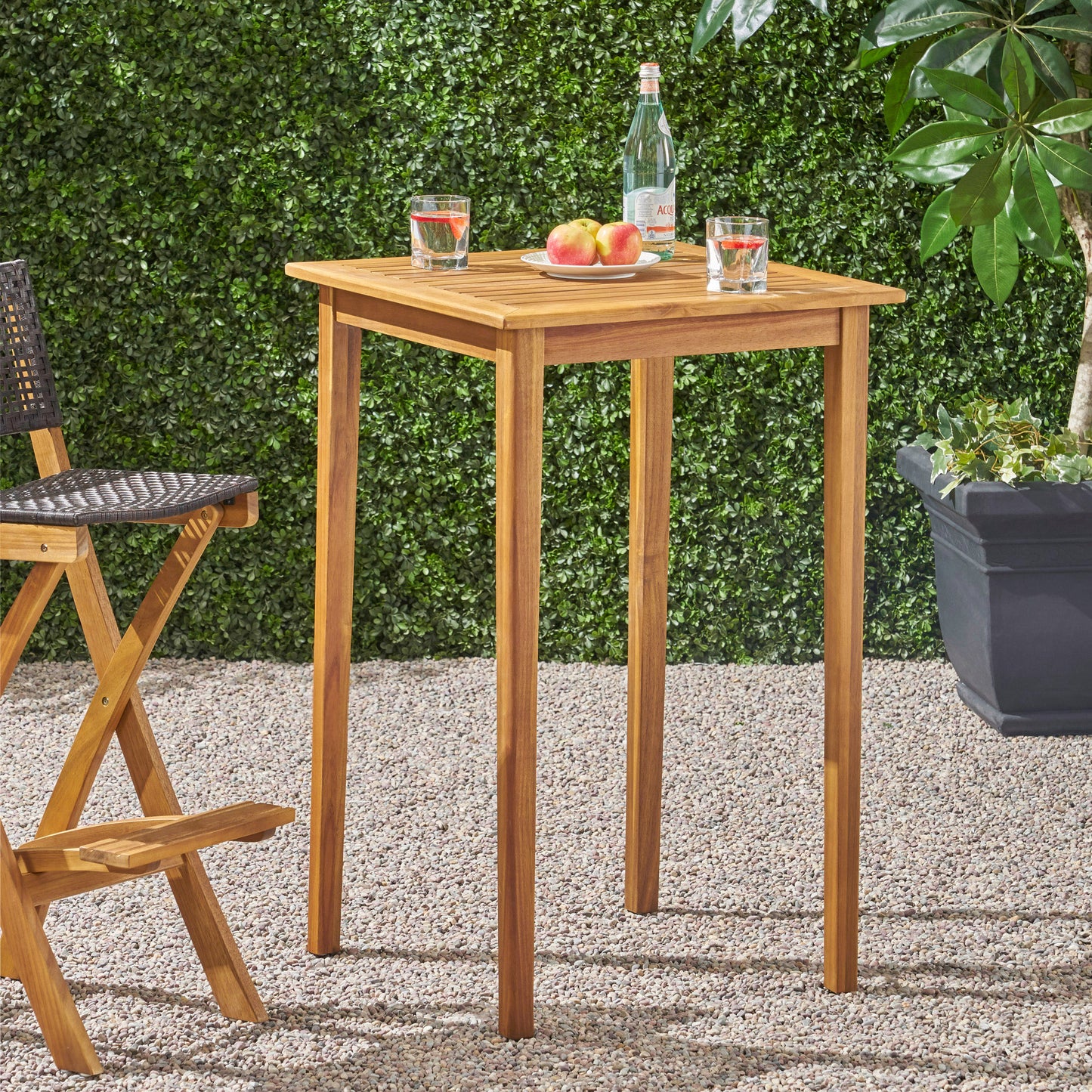 Outdoor Minimalist Acacia Wood Square Bar Table - Teak Finish