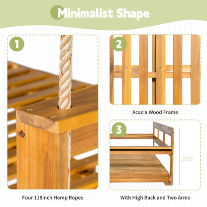 TOPMAX Patio Wooden Twin Size Porch Swing Daybed Frame, Garden Swing Bench Chair with 4 Hanging Ropes for Backyard,Outdoor,Natural