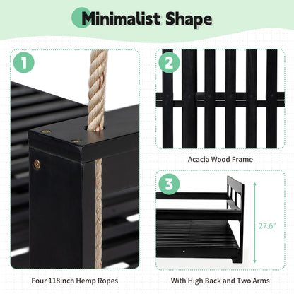 TOPMAX Patio Wooden Twin Size Porch Swing Daybed Frame, Garden Swing Bench Chair with 4 Hanging Ropes for Backyard,Outdoor,Black