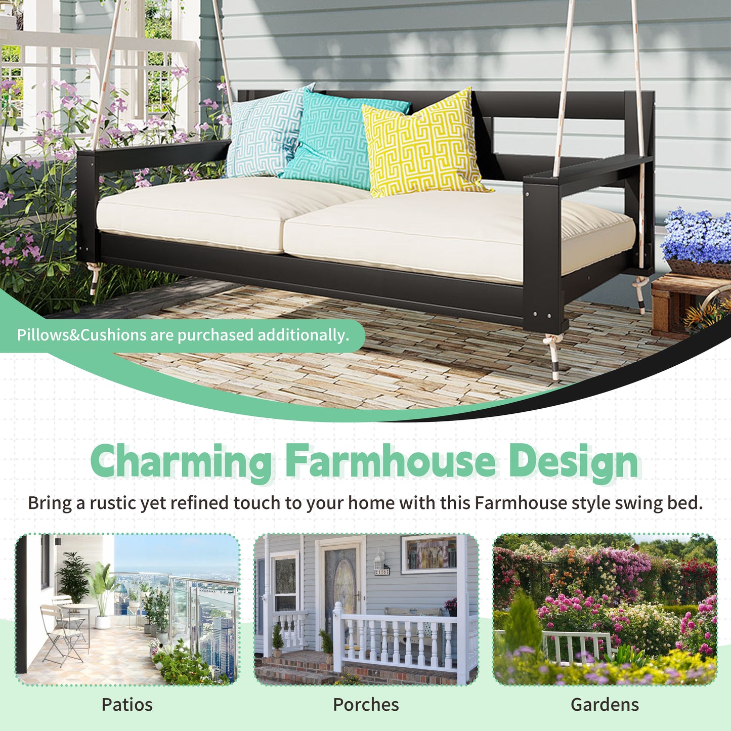 TOPMAX Patio Wooden Twin Size Porch Swing Daybed Frame, Garden Swing Bench Chair with 4 Hanging Ropes for Backyard,Outdoor,Black