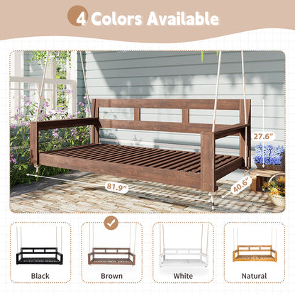 TOPMAX Patio Wooden Twin Size Porch Swing Daybed Frame, Garden Swing Bench Chair with 4 Hanging Ropes for Backyard,Outdoor,Brown