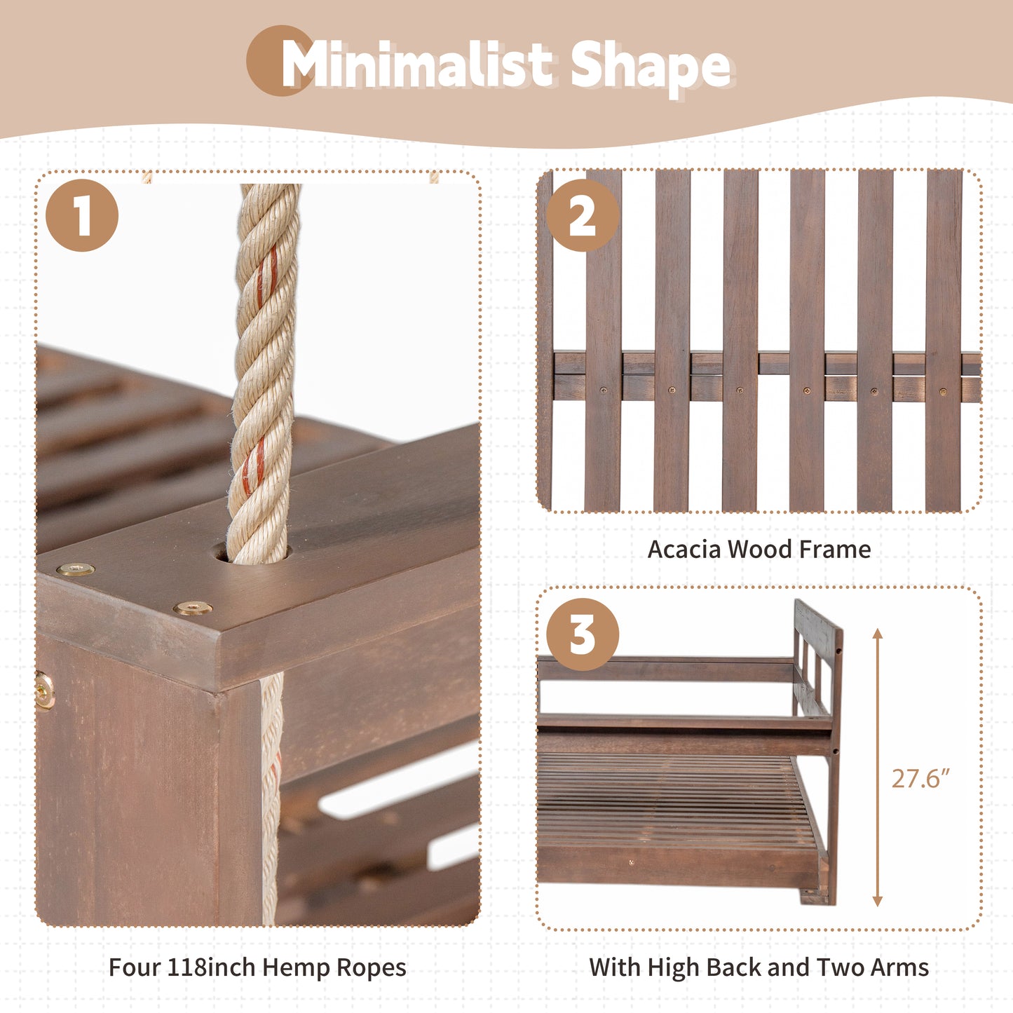 TOPMAX Patio Wooden Twin Size Porch Swing Daybed Frame, Garden Swing Bench Chair with 4 Hanging Ropes for Backyard,Outdoor,Brown