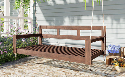 TOPMAX Patio Wooden Twin Size Porch Swing Daybed Frame, Garden Swing Bench Chair with 4 Hanging Ropes for Backyard,Outdoor,Brown