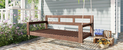 TOPMAX Patio Wooden Twin Size Porch Swing Daybed Frame, Garden Swing Bench Chair with 4 Hanging Ropes for Backyard,Outdoor,Brown