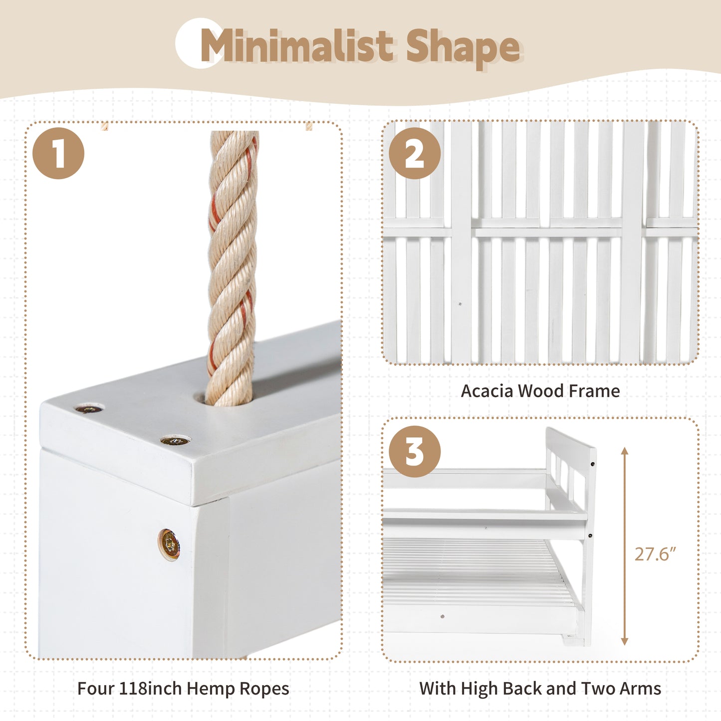 TOPMAX Patio Wooden Twin Size Porch Swing Daybed Frame, Garden Swing Bench Chair with 4 Hanging Ropes for Backyard,Outdoor,White