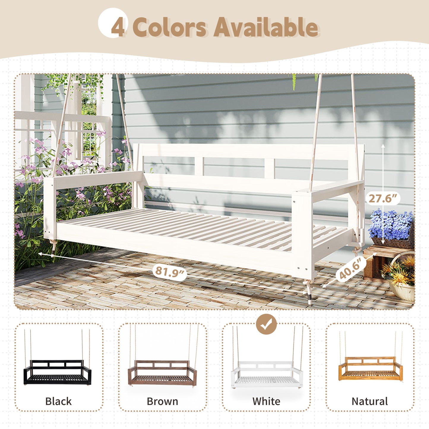 TOPMAX Patio Wooden Twin Size Porch Swing Daybed Frame, Garden Swing Bench Chair with 4 Hanging Ropes for Backyard,Outdoor,White