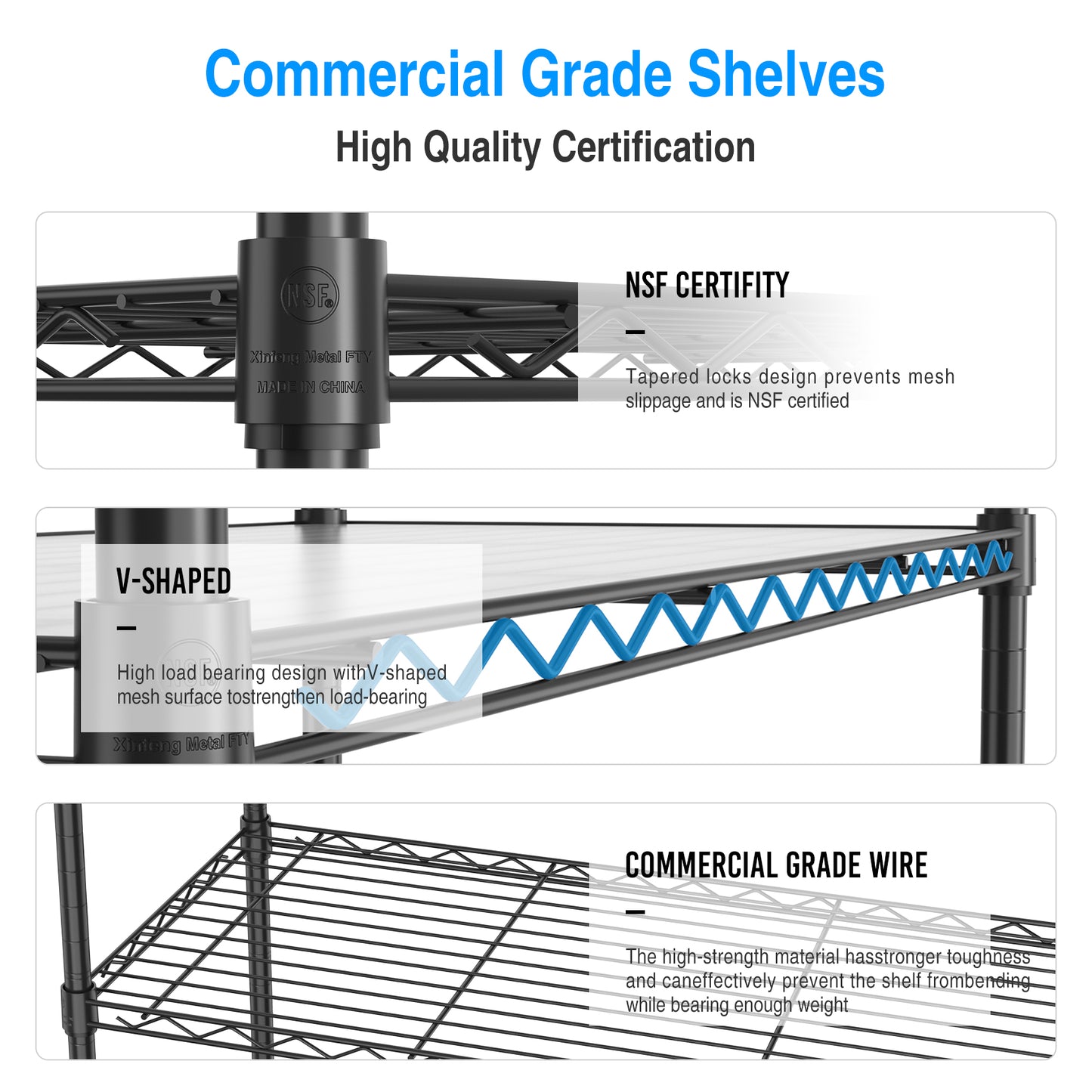 5 Tier Shelf Wire Shelving Unit, NSF Heavy Duty Wire Shelf Metal Large Storage Shelves Height Adjustable Utility for Garage Kitchen Office Commercial Shelving Steel Layer Shelf - Black