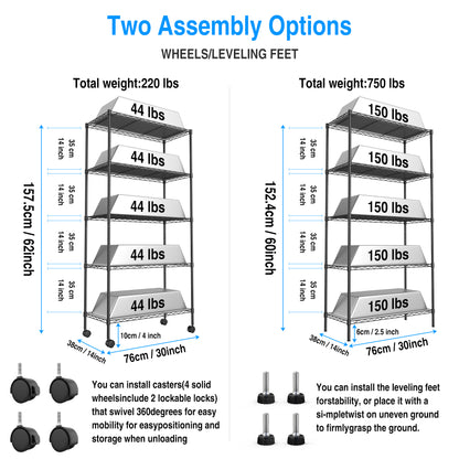 5 Tier Shelf Wire Shelving Unit, NSF Heavy Duty Wire Shelf Metal Large Storage Shelves Height Adjustable Utility for Garage Kitchen Office Commercial Shelving Steel Layer Shelf - Black