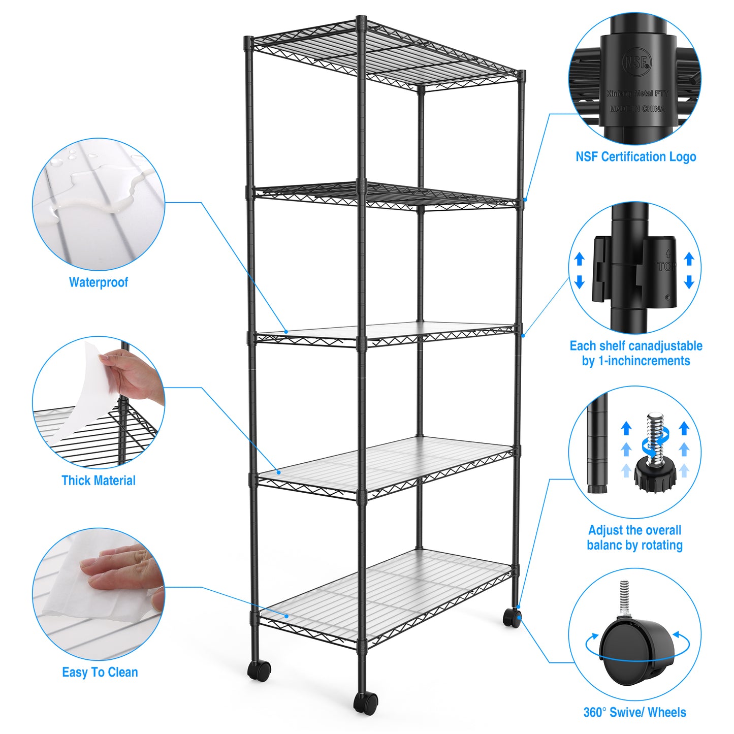5 Tier Shelf Wire Shelving Unit, NSF Heavy Duty Wire Shelf Metal Large Storage Shelves Height Adjustable Utility for Garage Kitchen Office Commercial Shelving Steel Layer Shelf - Black