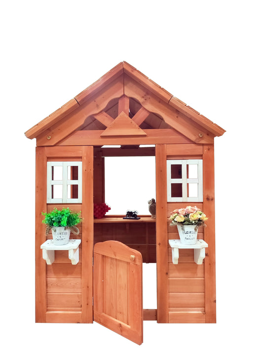 All Wooden Kids Playhouse with 2 windows and flowerpot holder,42"Lx46“Wx55"H,Golden Red