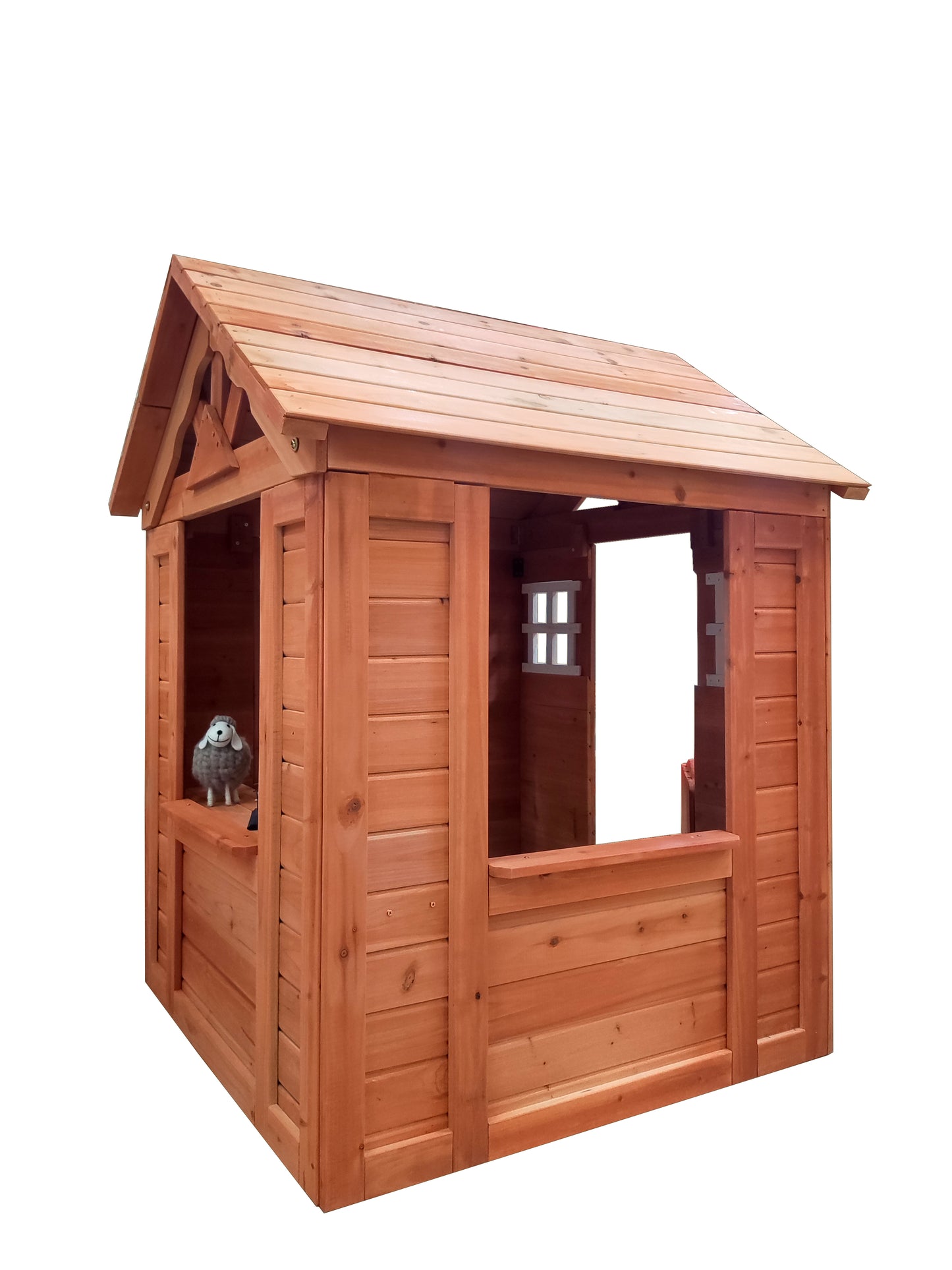 All Wooden Kids Playhouse with 2 windows and flowerpot holder,42"Lx46“Wx55"H,Golden Red
