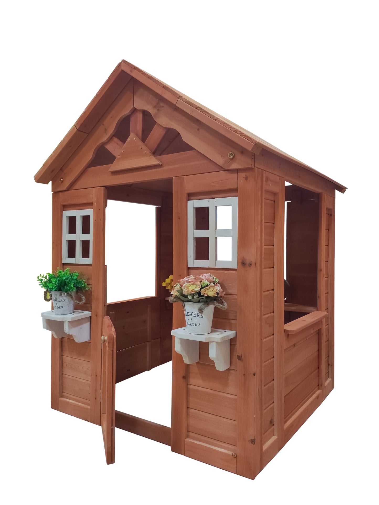 All Wooden Kids Playhouse with 2 windows and flowerpot holder,42"Lx46“Wx55"H,Golden Red