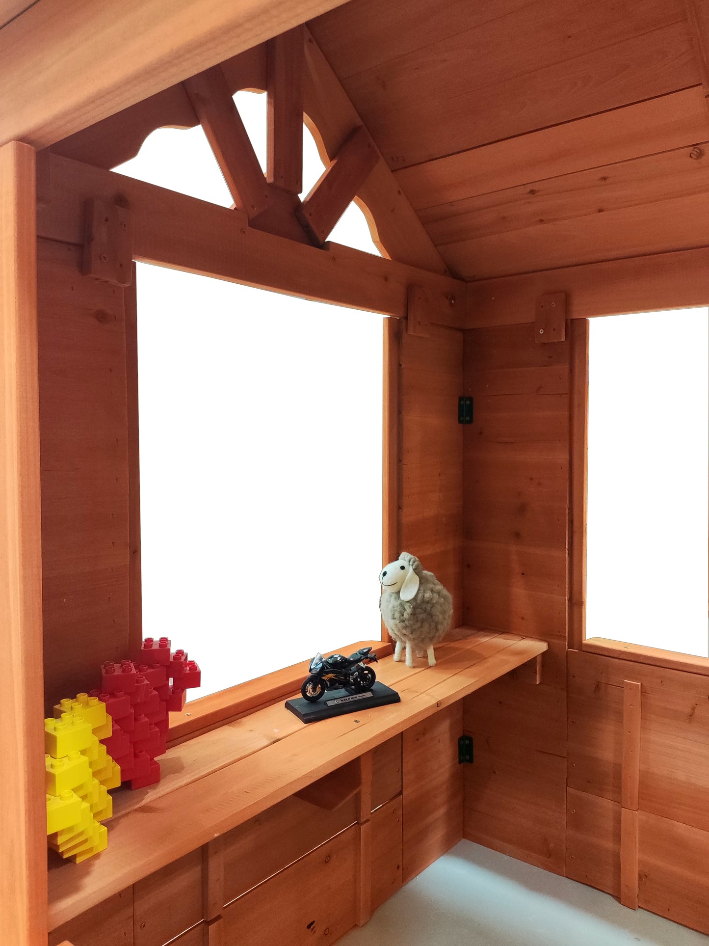 All Wooden Kids Playhouse with 2 windows and flowerpot holder,42"Lx46“Wx55"H,Golden Red