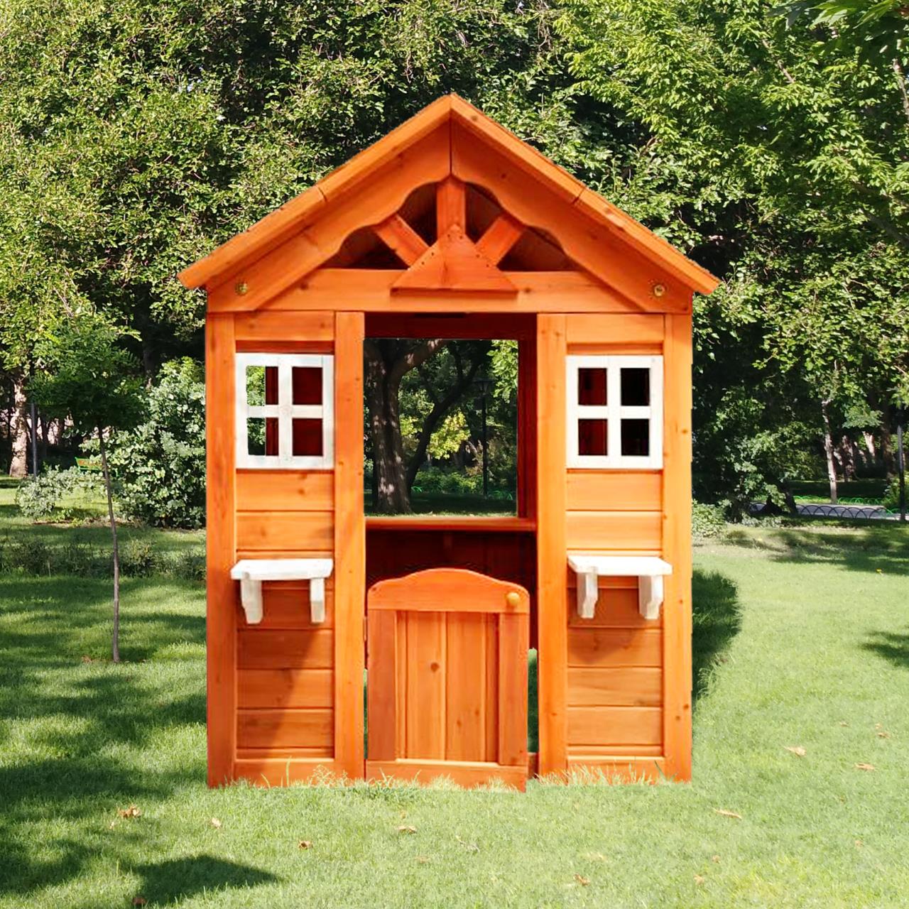 All Wooden Kids Playhouse with 2 windows and flowerpot holder,42"Lx46“Wx55"H,Golden Red