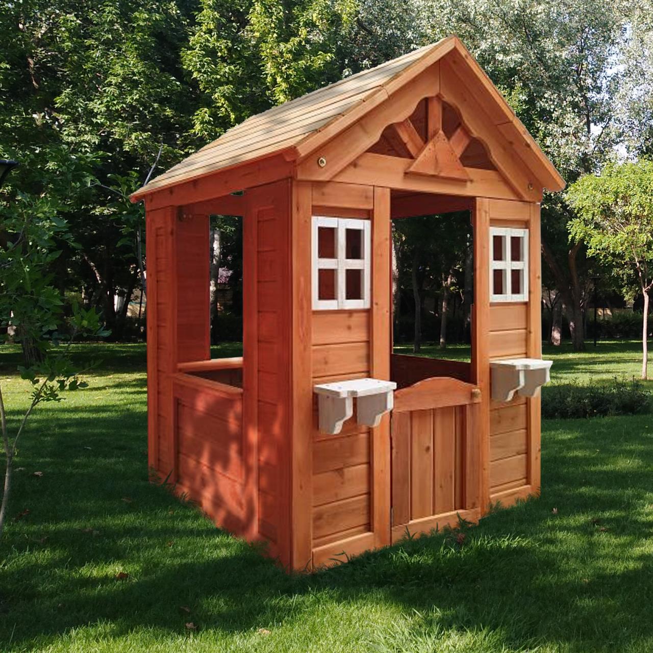 All Wooden Kids Playhouse with 2 windows and flowerpot holder,42"Lx46“Wx55"H,Golden Red