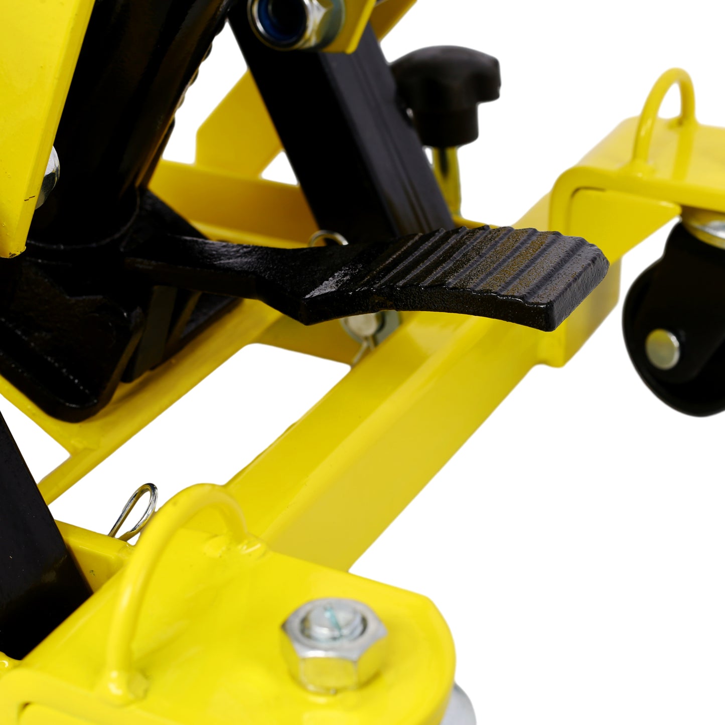 Hydraulic Motorcycle Lift Jack, 1500 LBS Capacity ATV Scissor Lift Jack, Portable Motorcycle Lift Table with 4 Wheels, Hydraulic Foot-Operated Hoist Stand with tie down yellow
