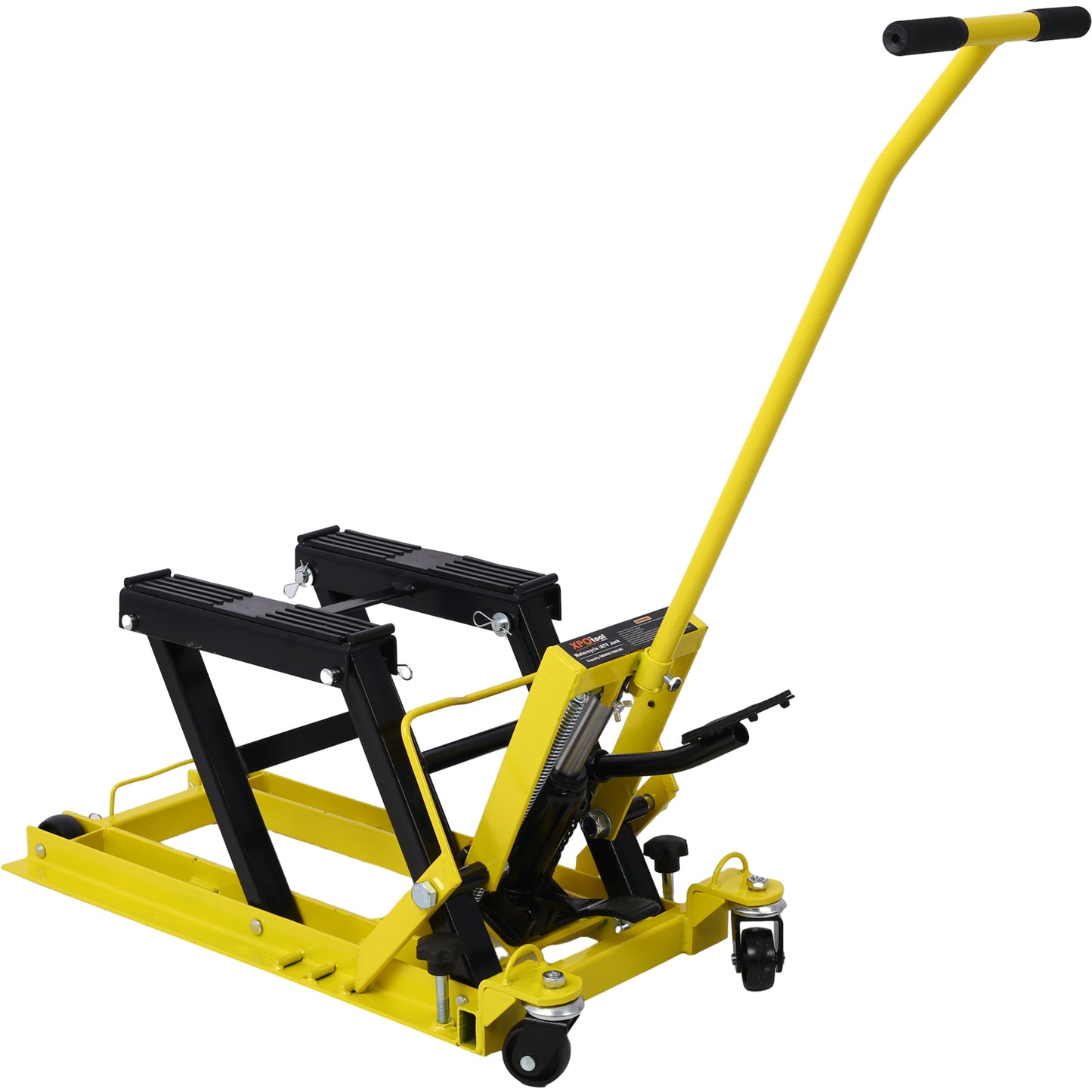 Hydraulic Motorcycle Lift Jack, 1500 LBS Capacity ATV Scissor Lift Jack, Portable Motorcycle Lift Table with 4 Wheels, Hydraulic Foot-Operated Hoist Stand with tie down yellow