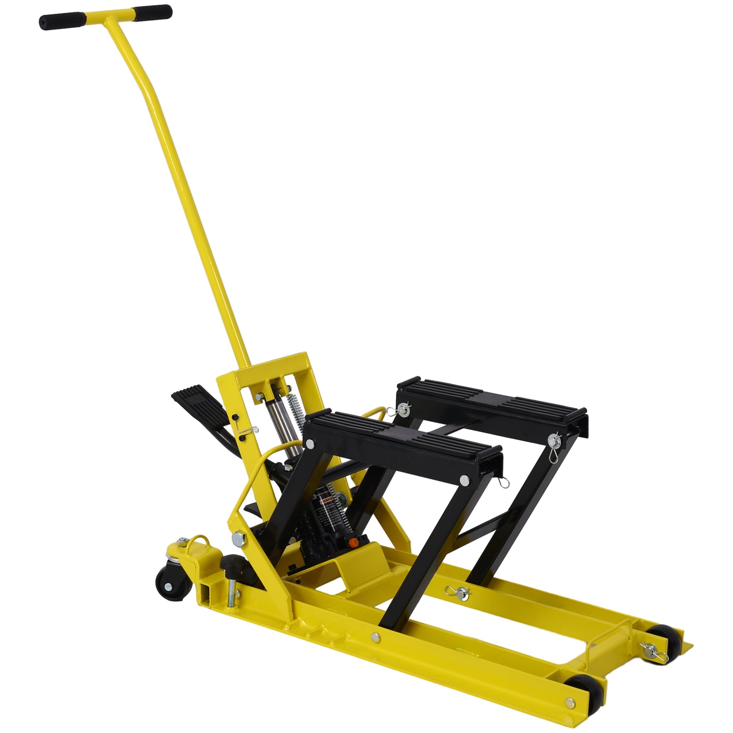 Hydraulic Motorcycle Lift Jack, 1500 LBS Capacity ATV Scissor Lift Jack, Portable Motorcycle Lift Table with 4 Wheels, Hydraulic Foot-Operated Hoist Stand with tie down yellow