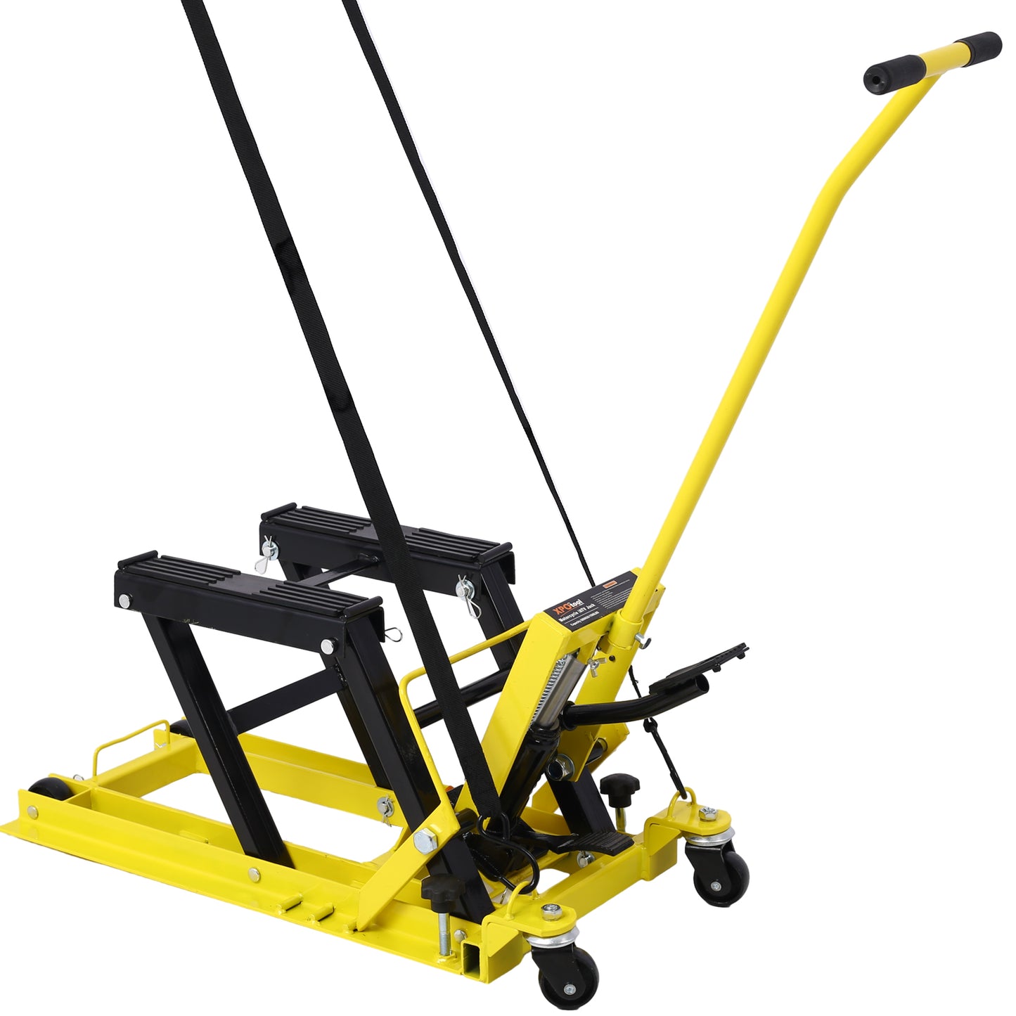Hydraulic Motorcycle Lift Jack, 1500 LBS Capacity ATV Scissor Lift Jack, Portable Motorcycle Lift Table with 4 Wheels, Hydraulic Foot-Operated Hoist Stand with tie down yellow