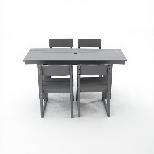 5-Piece Gray Outdoor Dining Set – All-Weather 69" Rectangular Patio Table with Umbrella Hole & 4 Armless Chairs for Backyard/Poolside