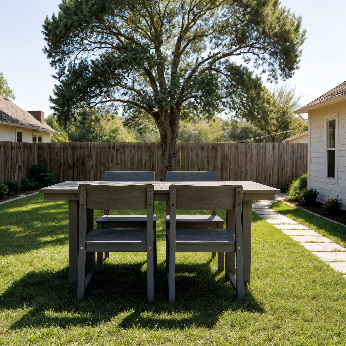 5-Piece Gray Outdoor Dining Set – All-Weather 69" Rectangular Patio Table with Umbrella Hole & 4 Armless Chairs for Backyard/Poolside