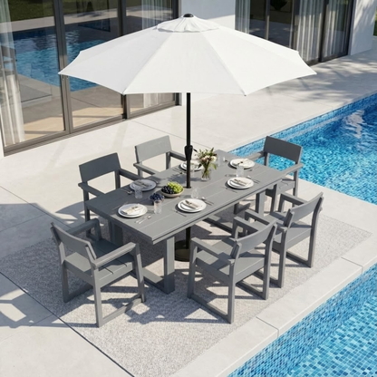 7-Piece Outdoor Dining Set for 6 – Weather-Resistant Patio Table with Umbrella Hole and 6 Armrest Chairs, Durable Garden Furniture for Backyard, Lawn, Deck, or Poolside (Grey)