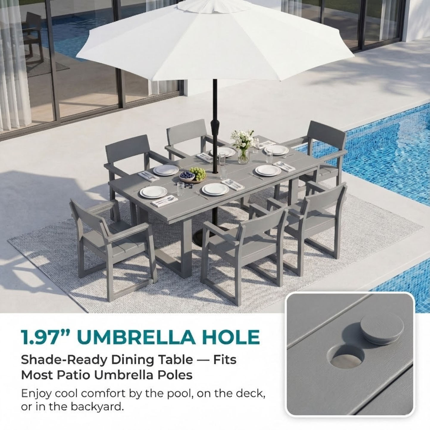 7-Piece Outdoor Dining Set for 6 – Weather-Resistant Patio Table with Umbrella Hole and 6 Armrest Chairs, Durable Garden Furniture for Backyard, Lawn, Deck, or Poolside (Grey)