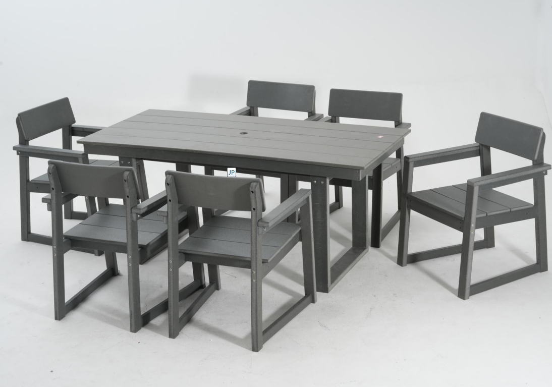 7-Piece Outdoor Dining Set for 6 – Weather-Resistant Patio Table with Umbrella Hole and 6 Armrest Chairs, Durable Garden Furniture for Backyard, Lawn, Deck, or Poolside (Grey)