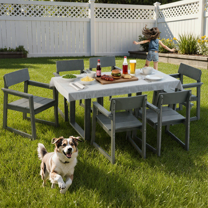 7-Piece Outdoor Dining Set for 6 – Weather-Resistant Patio Table with Umbrella Hole and 6 Armrest Chairs, Durable Garden Furniture for Backyard, Lawn, Deck, or Poolside (Grey)