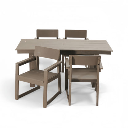 5-Piece Outdoor Dining Set for 4 – Weather-Resistant Patio Table with Umbrella Hole and 4 Armrest Chairs, Durable Garden Furniture for Backyard, Lawn, Deck, or Poolside (Wood)