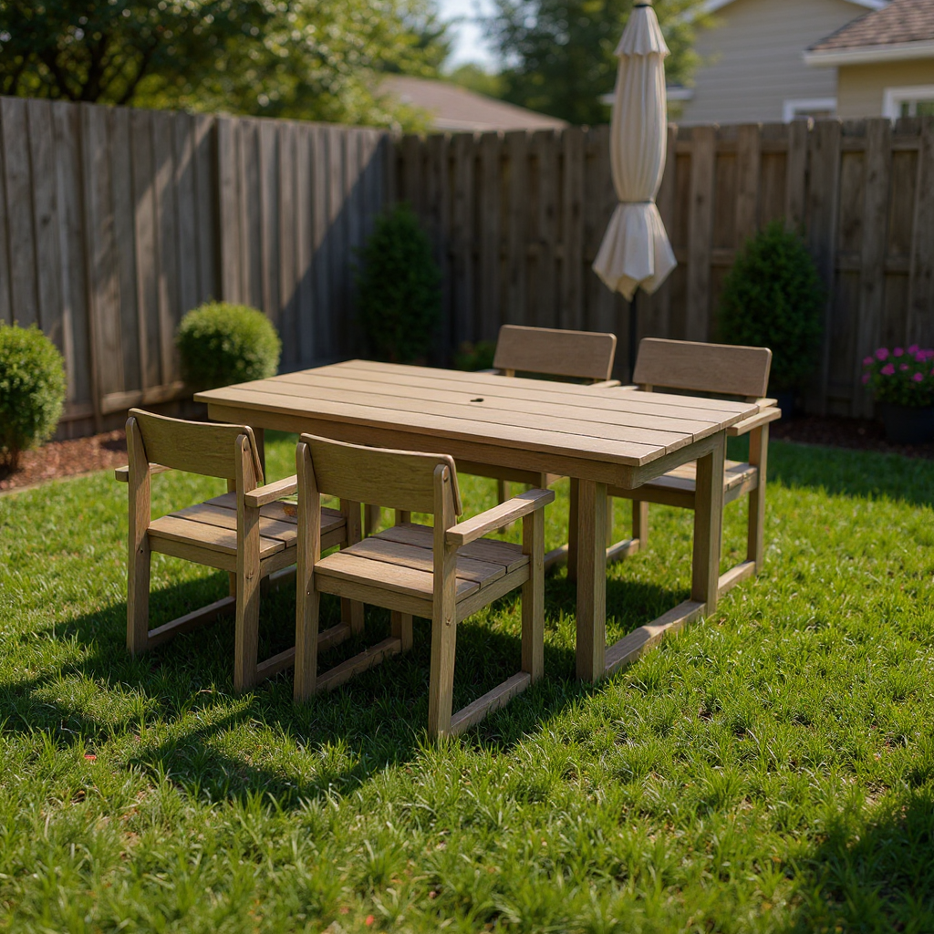 5-Piece Outdoor Dining Set for 4 – Weather-Resistant Patio Table with Umbrella Hole and 4 Armrest Chairs, Durable Garden Furniture for Backyard, Lawn, Deck, or Poolside (Wood)