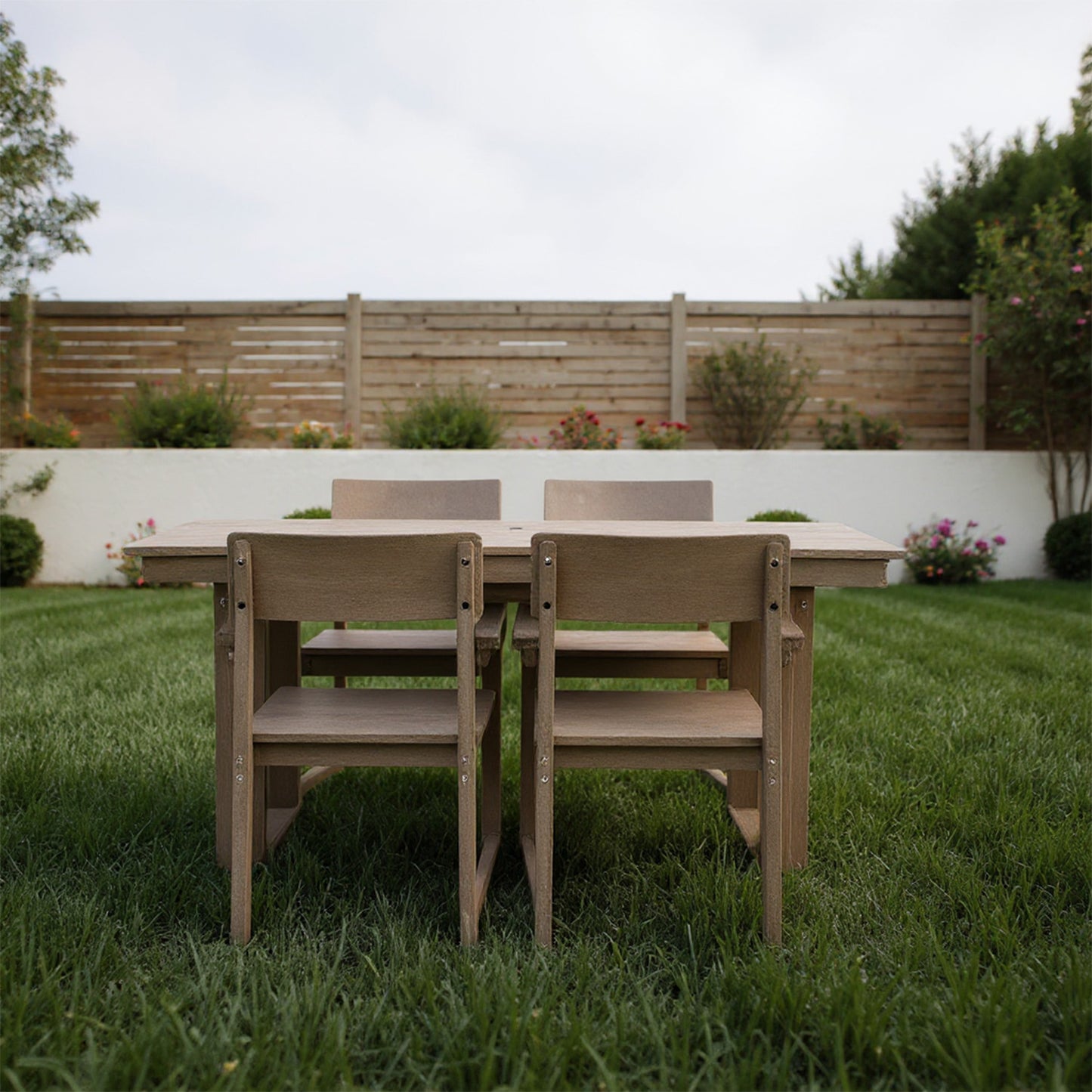 5-Piece Outdoor Dining Set for 4 – Weather-Resistant Patio Table with Umbrella Hole and 4 Armrest Chairs, Durable Garden Furniture for Backyard, Lawn, Deck, or Poolside (Wood)