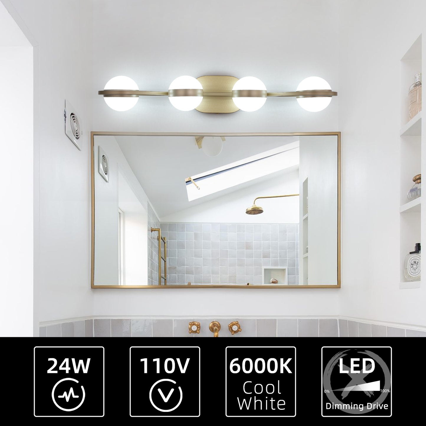 Modern Minimalist Gold Bathroom Vanity Light, 4 Bulb Acrylic Shades, Wall Mounted Decorative Lighting Fixture, Suitable for Bathroom Vanity Mirror