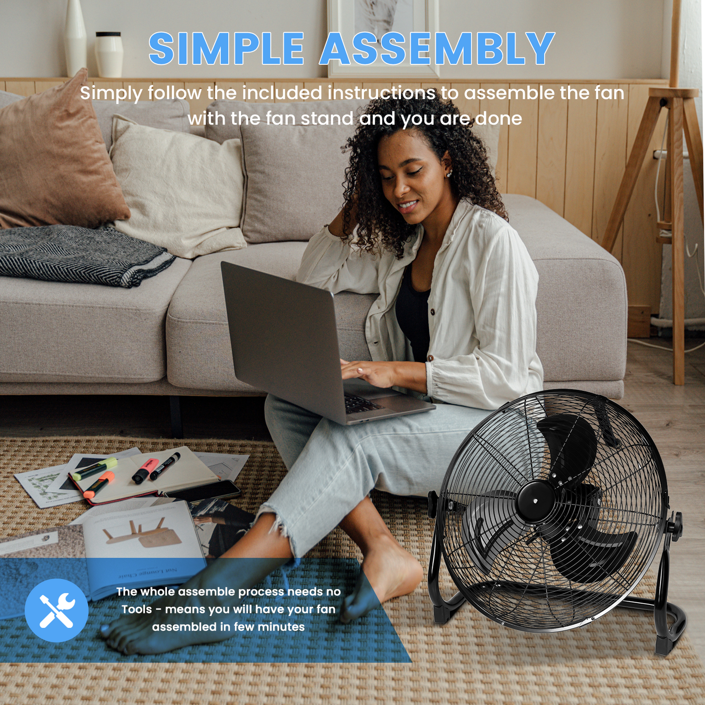 Rechargeable Cordless Floor Fan, 12-Inch, High Velocity Floor Fan With 360-Degree Tilt, Ready-to-use, Battery Operated, Heavy Duty Metal Floor Fan for Industrial, Commercial, Residential, Office