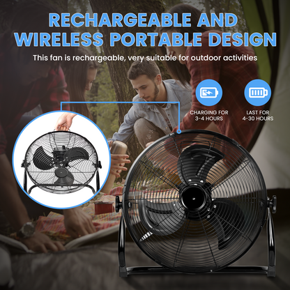 Rechargeable Cordless Floor Fan, 12-Inch, High Velocity Floor Fan With 360-Degree Tilt, Ready-to-use, Battery Operated, Heavy Duty Metal Floor Fan for Industrial, Commercial, Residential, Office