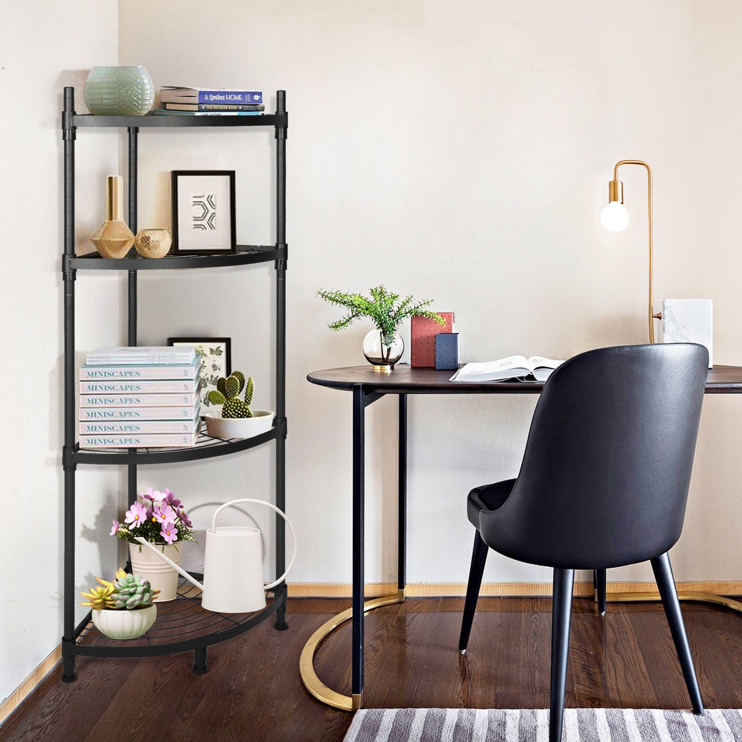 4 Tier Corner Display Rack Multipurpose Metal Shelving Unit, Bookcase Storage Rack Plant Stand for Living Room, Home Office, Kitchen, Small Space, 1-Pack, Black