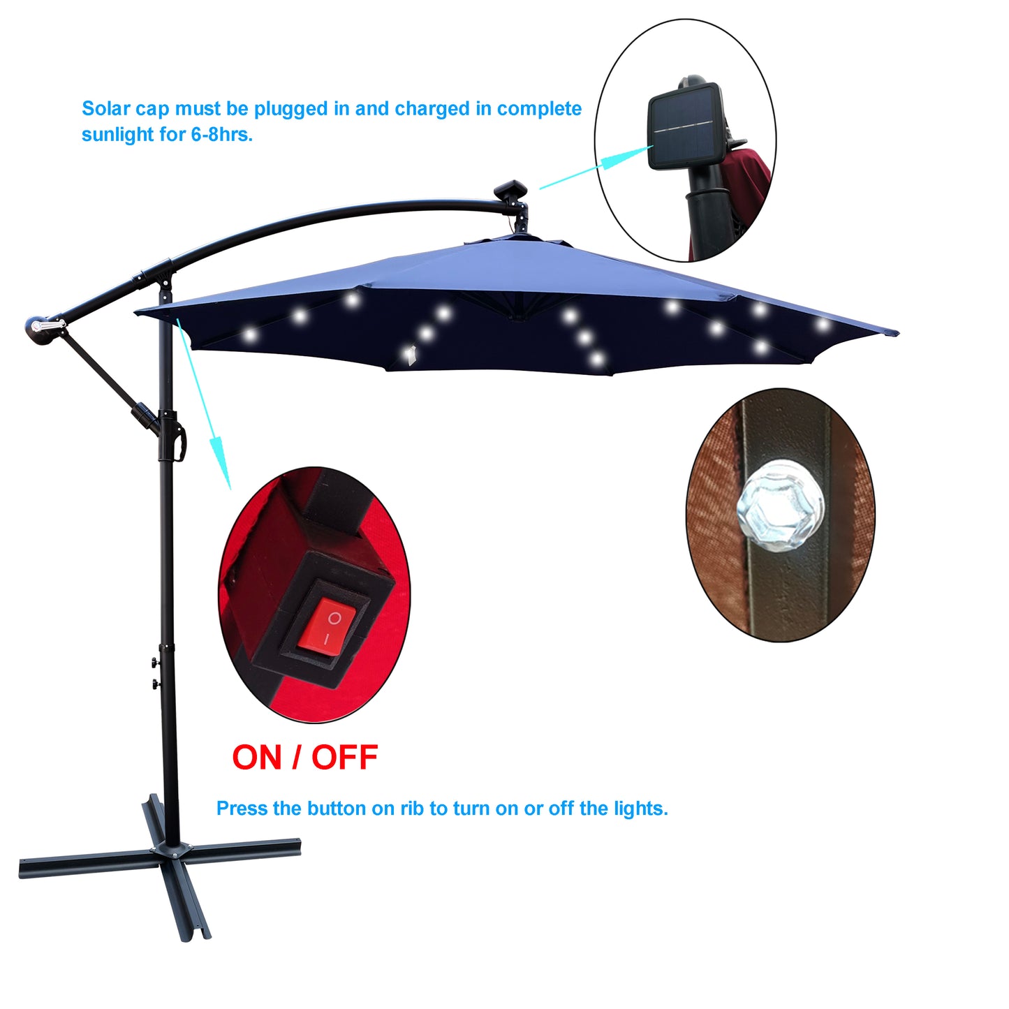 10 ft Outdoor Patio Umbrella Solar Powered LED Lighted Sun Shade Market Waterproof 8 Ribs Umbrella with Crank and Cross Base for Garden Deck Backyard Pool Shade Outside Deck Swimming Pool