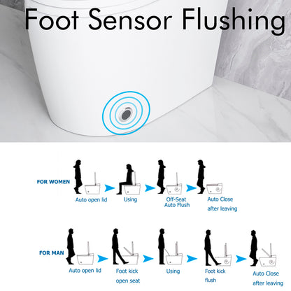 Elongated Smart Toilet with Elongated Heated Bidet Seat, Intelligent Toilet with Bidet Built-in, Feet Sensor,Auto Open/Close Seat, Off Seating AUTO Flush, Night Light, Warm Water & Dryer,White