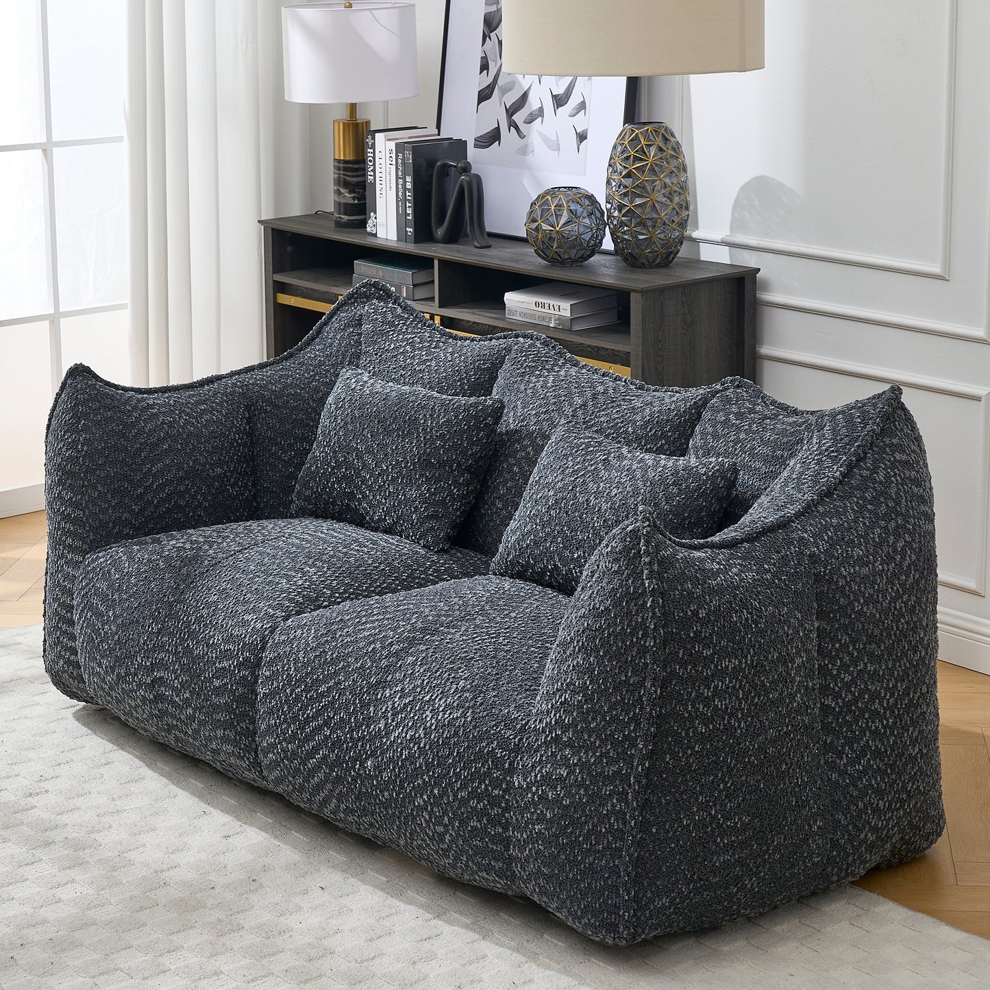 Soft beanbag chair with high resilience foam core for two people. The comfortable square recliner sofa is ideal for family members and friends engaged in games, reading, watching TV