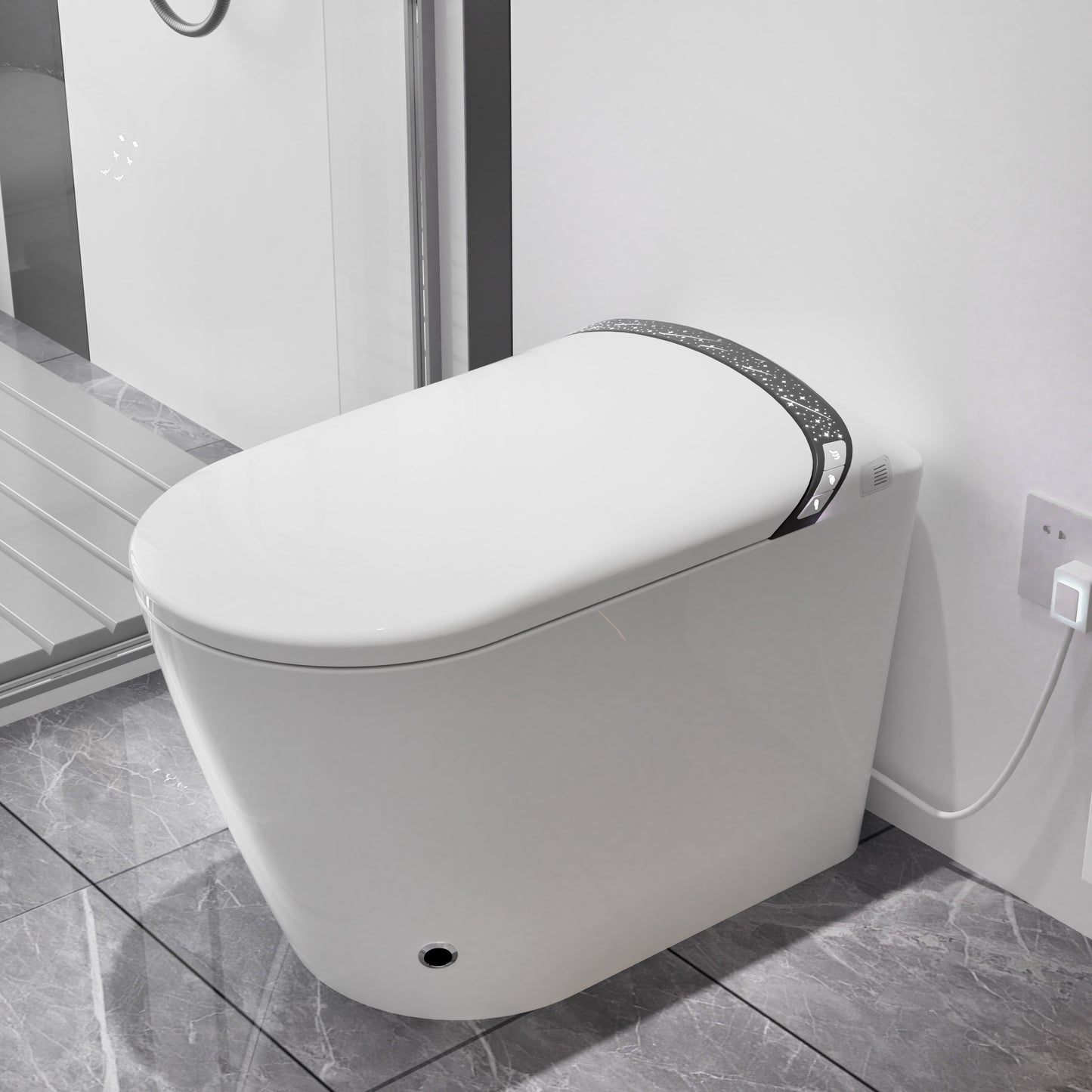 Elongated Smart Toilet with Bidet Built In,Tankless Design For Bathroom, Auto Open/Close Seat, Foot Kick, LED Display,Night Light, Warm Water & Dryer,White