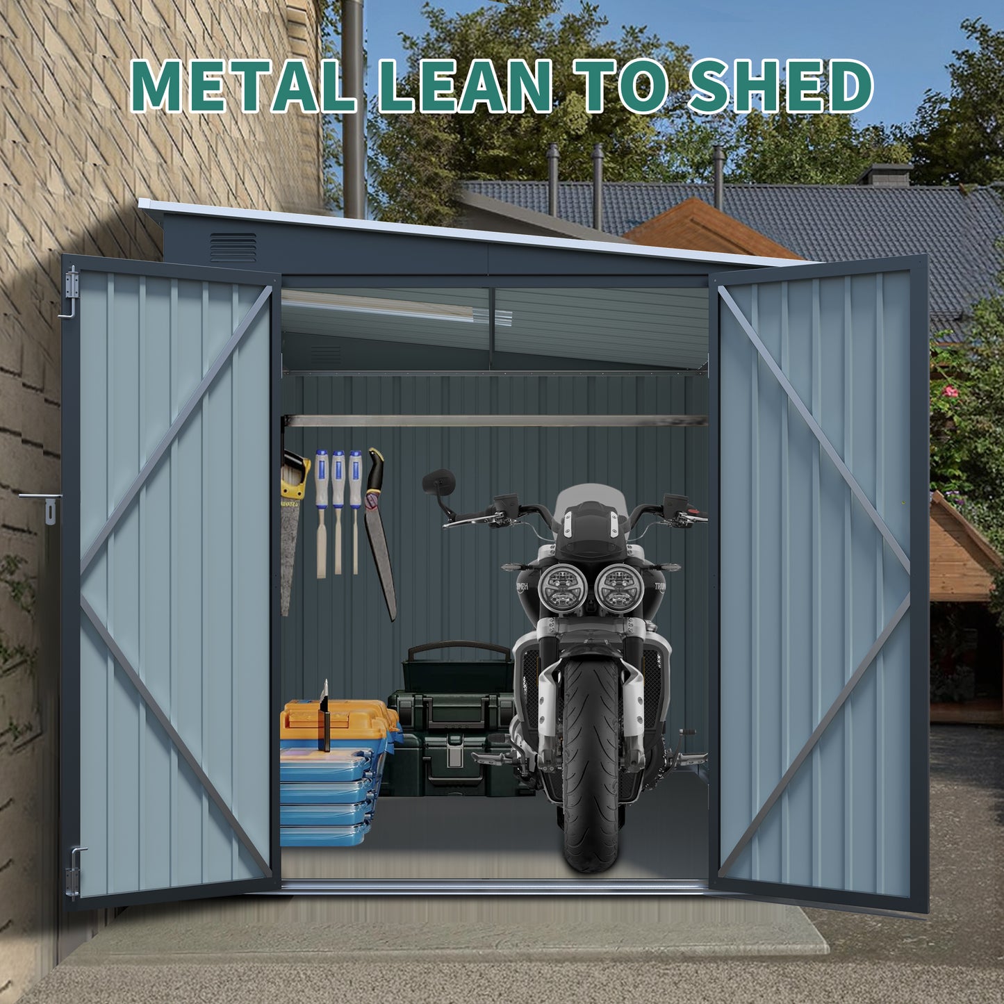 6x8FT Galvanized Steel Outdoor Storage Shed with Lockable Double Doors, Metal Lean to Shed with Free PC Light Board for Tools, Bikes & Patio Essentials (Without floors)