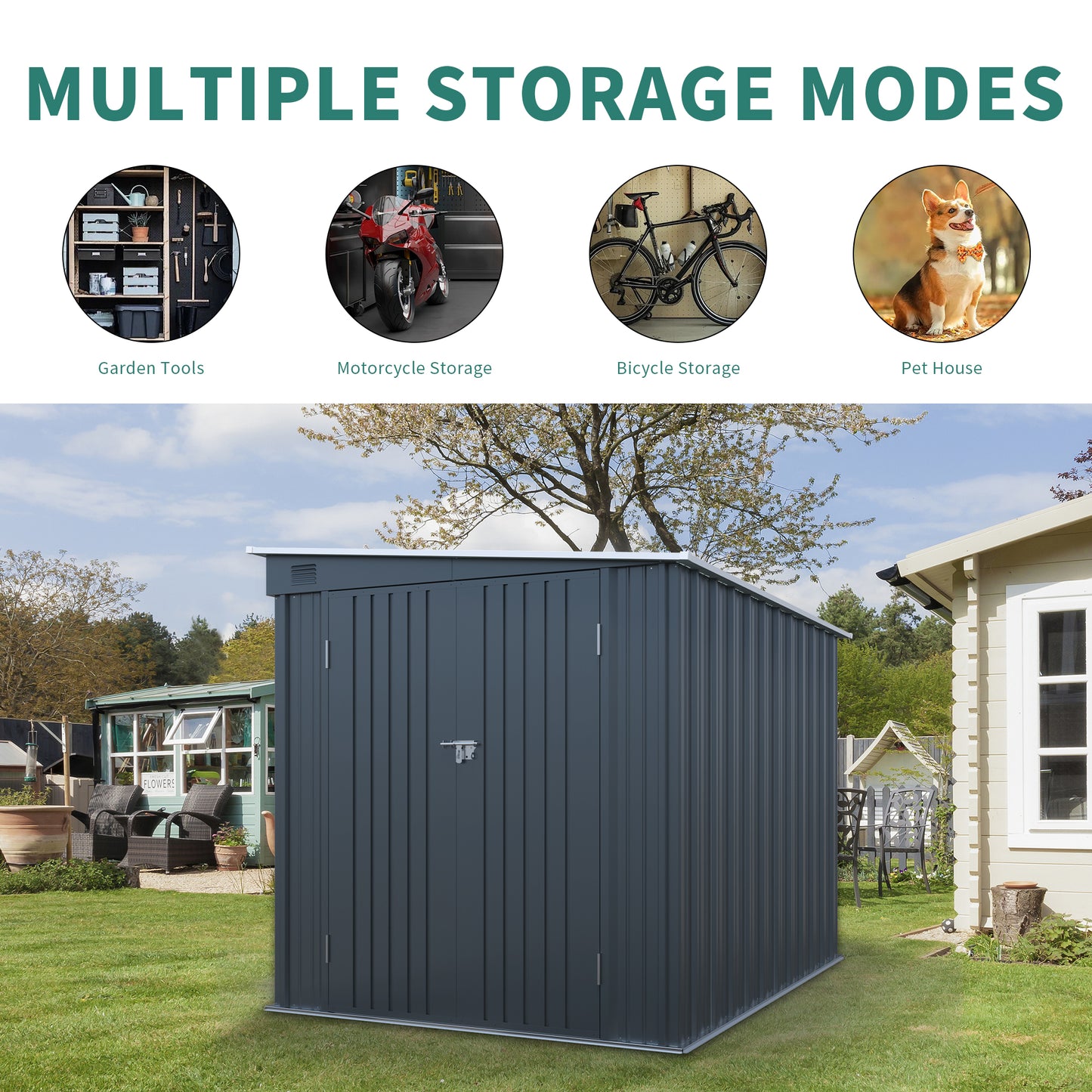 6x8FT Galvanized Steel Outdoor Storage Shed with Lockable Double Doors, Metal Lean to Shed with Free PC Light Board for Tools, Bikes & Patio Essentials (Without floors)