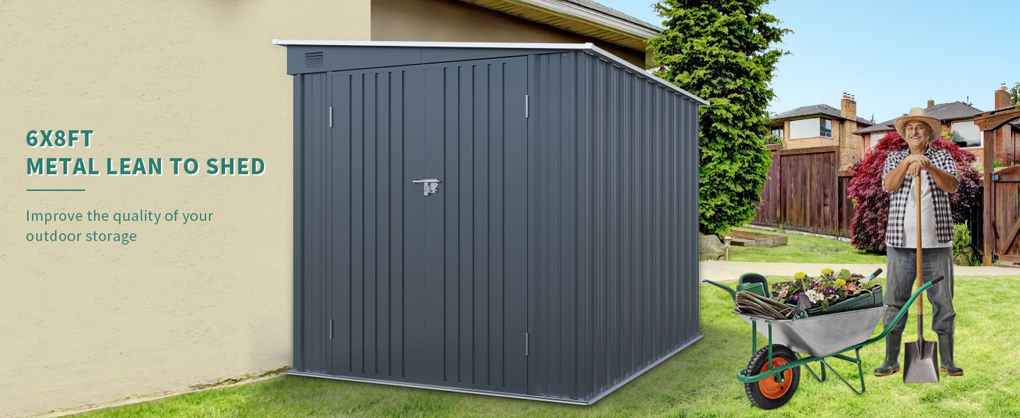 6x8FT Galvanized Steel Outdoor Storage Shed with Lockable Double Doors, Metal Lean to Shed with Free PC Light Board for Tools, Bikes & Patio Essentials (Without floors)