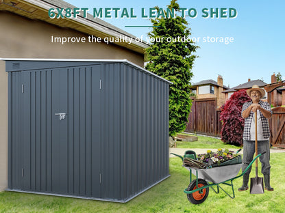 6x8FT Galvanized Steel Outdoor Storage Shed with Lockable Double Doors, Metal Lean to Shed with Free PC Light Board for Tools, Bikes & Patio Essentials (Without floors)
