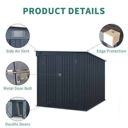 6x8FT Galvanized Steel Outdoor Storage Shed with Lockable Double Doors, Metal Lean to Shed with Free PC Light Board for Tools, Bikes & Patio Essentials (Without floors)